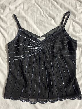 Vintage 90s Beaded Sequin Top Y2K Sheer Black Party Coquette Goth M